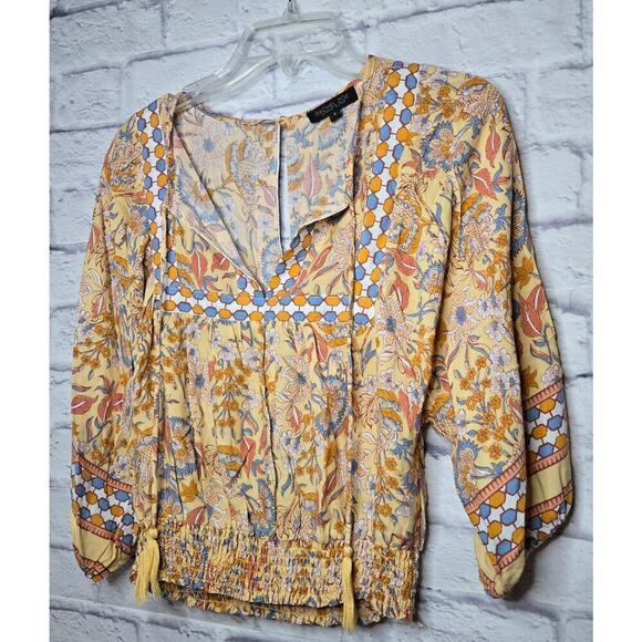 Rachel Zoe yellow boho floral smocked v-neck spring/summer blouse top small - Picture 2 of 7